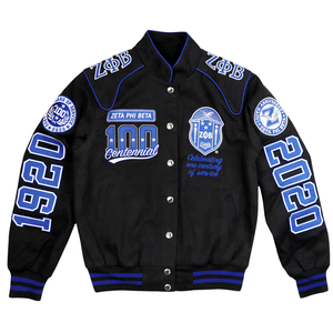 เสื้อแจ็คเก็ต Zeta Phi Beta Centennial Racing สีดำ ZPB ฉลองครบรอบ 100 ปี ปี 1920 2020 แบบกระดุมแป๊กสำหรับสตรี - Product Image 1