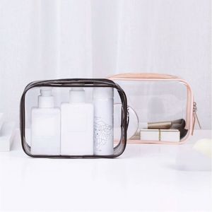 <b>Clear</b> PVC Zipper Cosmetic Travel Pouch Set PE Resealable Makeup Storage <b>Bag</b> <b>Toiletries</b> Beauty Products Pink Blue Yellow Trim - Product Image 2