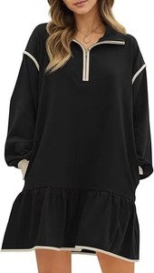 Sudadera de Punto Negra para Mujer, Cuello Redondo, Manga Larga, Color Sólido, Informal, Invierno, Estampada, Transpirable, con Cierre de Cremallera - Product Image 4
