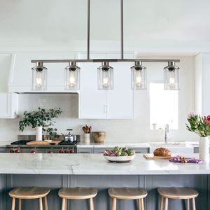 Lampadario a sospensione contemporaneo da 37 pollici per isola cucina, 5 luci, nichel spazzolato, paralumi in vetro trasparente, per sala da pranzo e stile rustico - Product Image 6