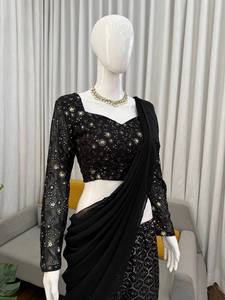 Conjunto de Diseño Negro Fusion 2026: Salwar Kameez Estilo Saree con Bordado y Drapeado, Traje Indo-Occidental de Bollywood de Secado Rápido para Fiesta - Product Image 1