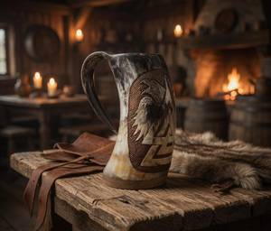 Jarra de cerveza vikinga hecha a mano con diseño de símbolo nórdico, taza de madera vintage para beber, regalo para despedida de soltero - Product Image 5
