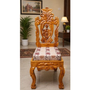 Chaise de salle à manger en bois massif artisanale de luxe, ornée de sculptures florales mandala, siège rembourré floral - Product Image 1