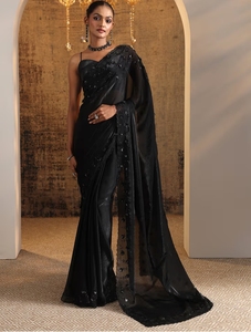 Sari de fiesta KV con borde de seda adornado con cuentas negras, blusa sin coser, sin arrugas, hasta la rodilla - Product Image 1