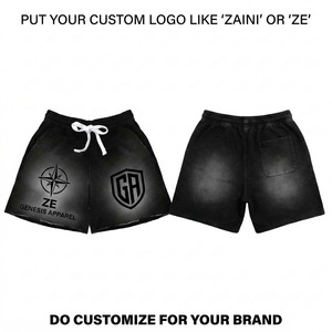 Short de bain homme Premium en coton 140g, taille mi-haute, ourlet brut, imperméable, séchage rapide, avec logo frontal, noir, poche sportive - Product Image 1
