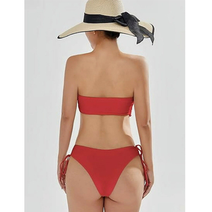 Ensemble bikini rouge sans bretelles, haut côtelé, bas à nouer sur les côtés, maillot de bain deux pièces pour femme, couleur unie, haute élasticité, logo sur le devant - Product Image 5