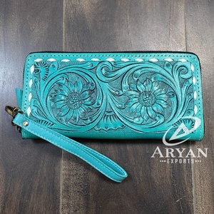 Bolso de mano para mujer, hecho a mano, de cuero genuino, con diseño de flor turquesa, con cremallera, multiusos, estilo occidental. - Product Image 1