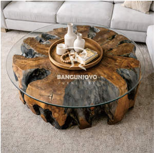 Mesa de Centro Redonda Moderna con Raíces de Madera de Teca y Diseño Combinado con Tapa de Vidrio para Sala de Estar, Muebles para el Hogar - Product Image 2
