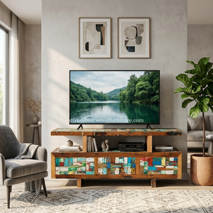 Meuble TV en bois de bateau récupéré, 3 tiroirs, style double plateau, patchwork, bois recyclé, design durable pour support TV - Product Image 6