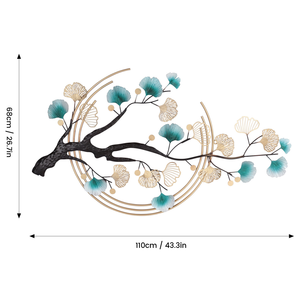 Sculpture murale en métal en forme de branche d'arbre, feuille de Ginkgo, œuvre d'art botanique avec accents floraux bleus et dorés pour la décoration moderne de la maison - Product Image 2