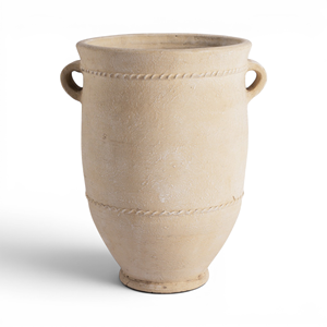 Grand vase de sol antique en terre cuite, à double anse avec bordure en corde, couleur beige sable, poterie décorative, grande urne décorative pour la maison - Product Image 1