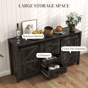 Distressed Dark Gray 60-Inch Farmhouse Buffet Cabinet for Villa/ Home <b>Sideboard</b> Sliding Barn Doors Drawers Adjustable Shelves - Product Image 5