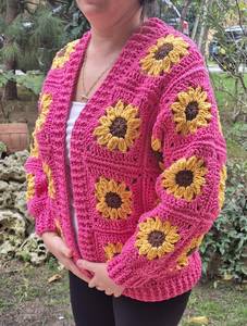 Women's Crocheted Pink Sunflower Cardigan V-Neck Bohemian Style Full Sleeve Spring Floral Knit Sweater - Product Image 4