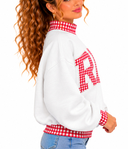Sweat-shirts universitaires surdimensionnés personnalisés à col montant pour femmes, en tissu épais, à carreaux vichy et patchwork, prix de gros - Product Image 5
