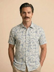 Men's Short Sleeve Casual Shirt <b>Light</b> Blue <b>Leaf</b> Print Turn-down Collar Breathable Poplin Summer Style Linen/Cotton Double - Product Image 2