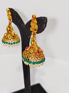 Antique 22k Solid Gold Drop Temple Jhumka <b>Earrings</b> Handcrafted Lakshmi Motif Wedding Jewelry with <b>Green</b> Emeralds Natural Pearls - Product Image 2