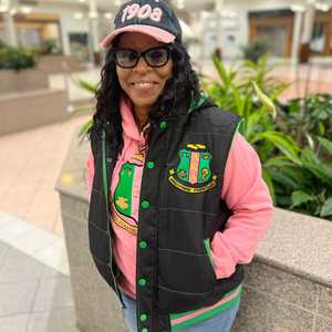 AKA Black Green Hooded Puffer <b>Vest</b> Sherpa Lining Unisex Warm Winter Jacket Greek Letter Premium Insulated Zip Up Fit Streetwear - Product Image 2