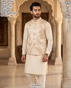 Bandhani Premium Blue <b>Silk</b> Floor-Length Traditional Men's <b>Kurta</b> Set with Floral Jacquard Waistcoat for Wedding Party Occasions - Product Image 3