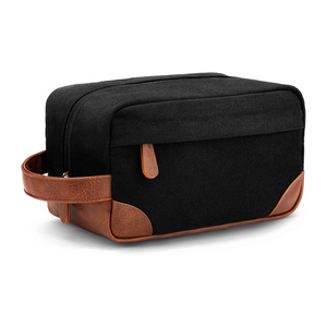 Vintage Black Canvas Toiletry <b>Bag</b> with Brown Leather Handle Zipper Cosmetic <b>Wash</b> Travel Pouch - Product Image 1