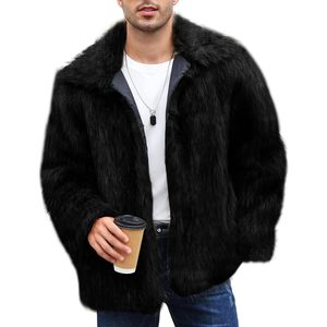 Manteau en fausse fourrure noire pour homme, col rabattu, manches régulières, couleur unie, coupe ample, parka épaisse - Product Image 1