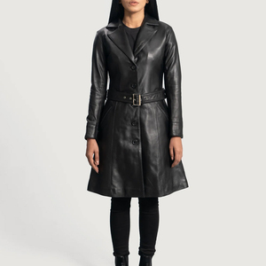 Manteau trench unisexe en cuir véritable Rahsal Industries, col montant, fermeture éclair, longueur longue, coupe-vent, couleur unie, coupe classique - Product Image 1