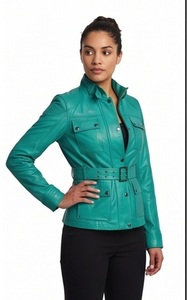 Blouson Bomber en Cuir Vert Émeraude pour Femme, Ceinturé, Col Montant, Écologique, Respirant, Coupe Ajustée, Vêtement d'extérieur – Vente en Gros - Product Image 3