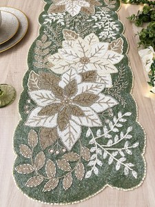 Handmade Luxury Eco-Friendly Christmas Fabric Table <b>Runner</b> <b>Green</b> Cream Embroidered Poinsettia Design Customized Shape Mats Pads - Product Image 6