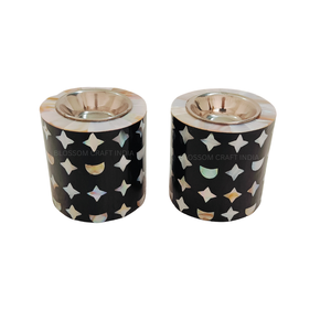 Brûleur d'encens rond en bois et résine avec incrustation de nacre de luxe, motif lune et étoile décoratif, provenant d'Inde. - Product Image 4