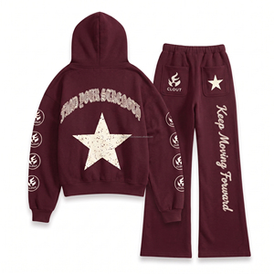 Streetwear Clothing Oversized Custom 2 Pieces <b>Zip</b> <b>up</b> Boxy <b>Cropped</b> Hoodie and Baggy Sweatpants Set Blank Plain - Product Image 2