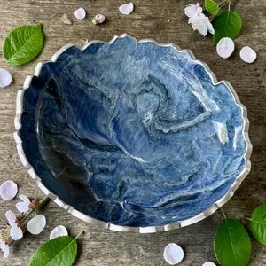Handmade Wood <b>Bowl</b> <b>Blue</b> Marble Pattern Gold Rim Modern Design Durable Non-Toxic Food Serving Dish Gifting Decorative - Product Image 5