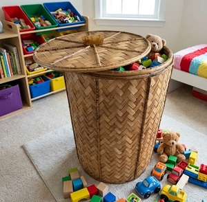 Panier à linge en osier tressé à la main avec couvercle, panier de rangement rustique naturel pour vêtements, panier de rangement multifonctionnel - Product Image 2