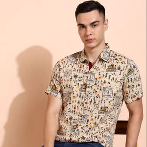 Camisa de Algodón Off-White para Hombre con Estampado Warli, Corte Regular, Diseño Internacional, Estilo Casual de Verano con Cuello y Mangas Cortas - Product Image 1