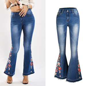 กางเกงยีนส์ขายาวปักลายสีน้ำเงินเอวสูงแฟชั่นลำลองสำหรับผู้หญิง - Product Image 1