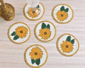 Handmade beaded flower coasters Gold white round bar mats Classic style <b>drinkware</b> <b>accessories</b> Reusable coaster set - Product Image 1