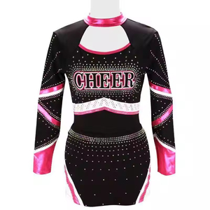 Ensemble d'uniformes de cheerleading noir et rose avec strass imprimés, robe à manches longues en polyester, pompons et nœuds pour adultes, sur mesure, haute qualité - Product Image 3
