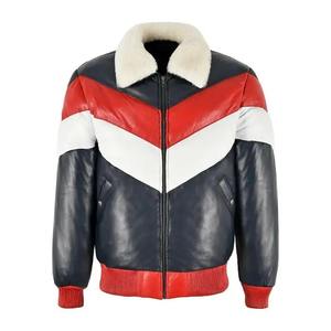 Men's Color Blocking <b>Leather</b> Sherpa <b>Jacket</b> With Faux Fur Collar Windproof <b>Winter</b> Moto Style Sherpa <b>Jacket</b> for Men's 2026 - Product Image 1