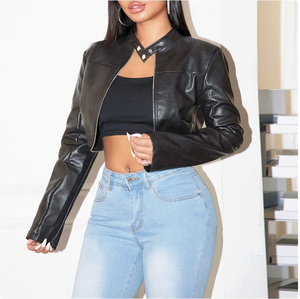 Chaqueta de Motociclista de Cuero Genuino para Mujer, Cuello Alto, Manga Larga, Cierre de Cremallera, Estilo Otoñal, Corta - Product Image 6