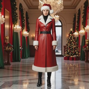 Genuine Leather Eco-Friendly Waterproof Breathable <b>Santa</b> Coat Handmade Christmas <b>Costume</b> with Faux Fur Trim and Polyester Lining - Product Image 1