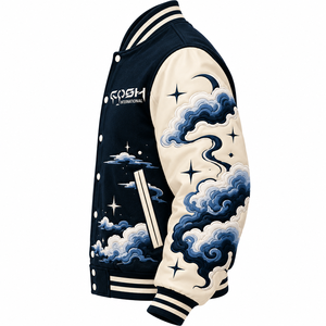 Blouson universitaire homme brodé nuage, style streetwear, col montant à boutons-pression, color block, pour l'automne, avec motif nuage brodé - Product Image 4