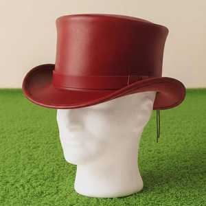 Sombrero de copa rojo de cuero genuino hecho a mano de primera calidad, estilo gótico steampunk victoriano para festivales. - Product Image 4