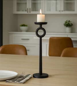 Modern Matte <b>Black</b> <b>Pillar</b> <b>Candle</b> Holder with Unique Ring Design and Round Base for Elegant Minimalist Tabletop Decor Statement - Product Image 2