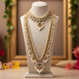 Antique Gold and Rhodium Plated Zirconia Pearl Style Long Bridal Jewelry Set - Product Image 3