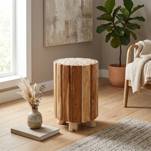 New Modern Minimalist Skena Fill Wooden <b>Stool</b> Natural Solid Teak Branch Mosaic Top Round Side Accent <b>Table</b> Living Room Patio - Product Image 4