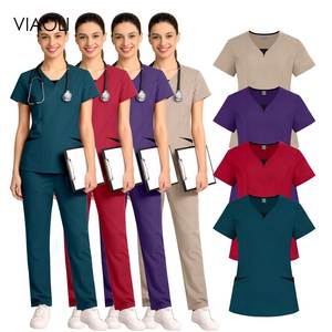 Conjunto de uniforme médico para mujer, color verde oliva, top con cuello en V y bolsillo, y pantalones a juego, mezcla de algodón, tejido de punto. - Product Image 5