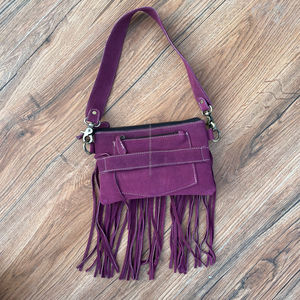 Women's Bohemian Style Genuine Suede Leather Crossbody Bag Small Fringe Floral Zipper Closure Nylon Hand Tooled New Artists - Product Image 3