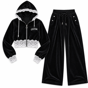 OEM Women's Custom <b>Black</b> Velvet Tracksuit Set Lace Trim Cropped <b>Zipper</b> <b>Hoodie</b> Wide Leg Pants 2 Piece Lounge Sweatsuit Outfit - Product Image 3