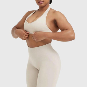 Women's Breathable Beige Sports Bra High Neck Crop <b>Top</b> Seamless Yoga Fitness Workout Wear Solid Color Athletic Bra - Product Image 3