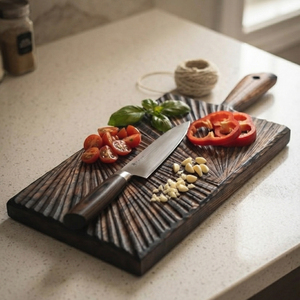 Planche à découper en bois de noyer foncé avec des lignes texturées sculptées en forme de soleil, support de suspension intégré, pour couper les légumes - Product Image 6
