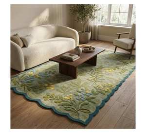 Alfombra de lana verde salvia hecha a mano con borde festoneado y patrón floral botánico, 100% lana o mezcla de lana y viscosa con tacto afelpado. - Product Image 3