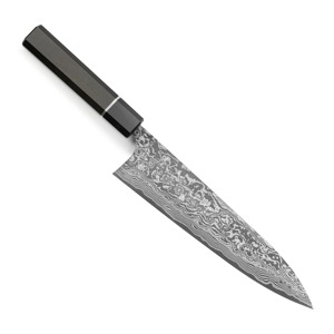 Couteau de chef artisanal sur mesure Edge Master Manufacture, acier Damas, manche en bois d'ébène, étui en cuir, lame de 8 à 9,9 pouces, ambidextre - Product Image 1